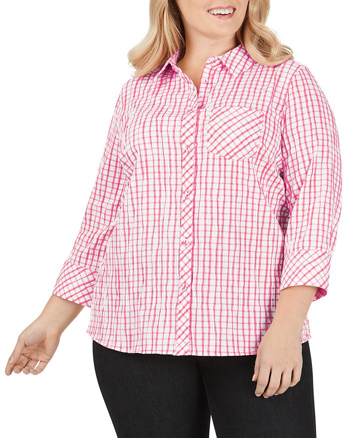 Foxcroft Plus Hampton Crinkle Texture Tattersall Shirt In Cabana Pink