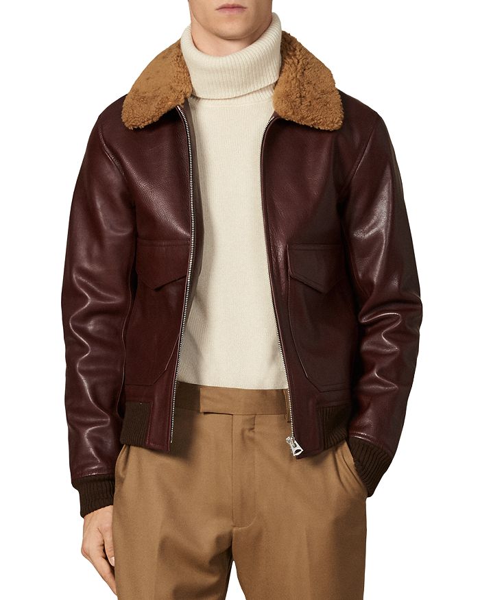 Sandro Shearling-Collar Leather Aviator Jacket | Bloomingdale's