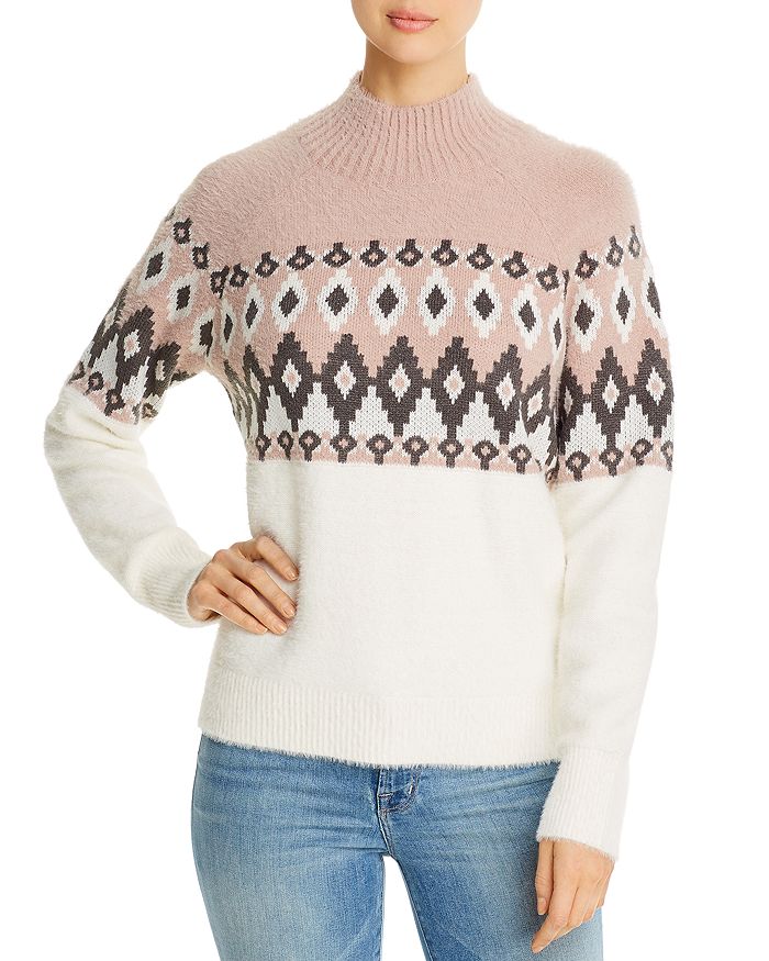 Marled Fuzzy Fair Isle Mock Neck Sweater In Ivory/pink | ModeSens