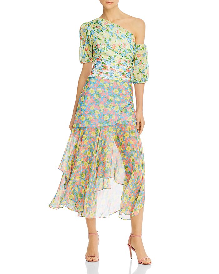 AMUR Jaylah Cold-Shoulder Floral Silk Midi Dress,5812376