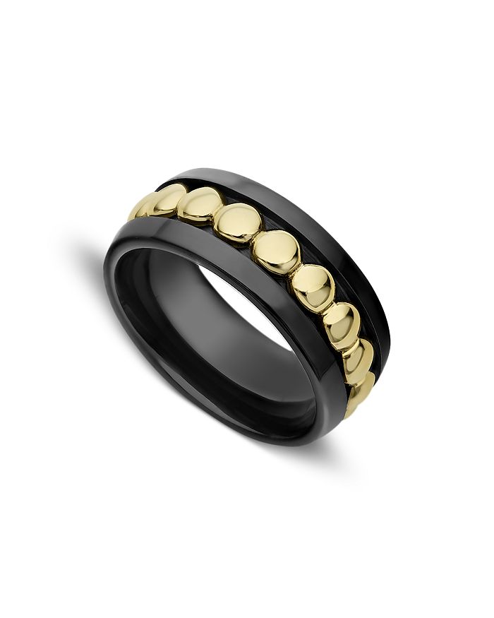 Shop Lagos Meridian 18k Yellow Gold & Black Ceramic Caviar Stacking Ring In Black/gold