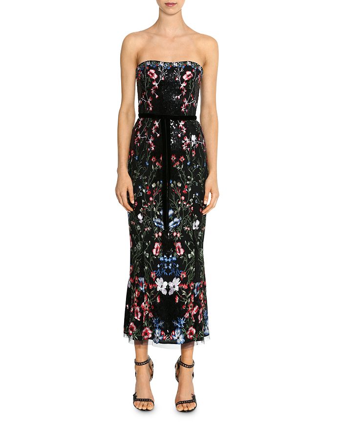 MARCHESA NOTTE Embroidered Strapless Floral Midi Dress | Bloomingdale's