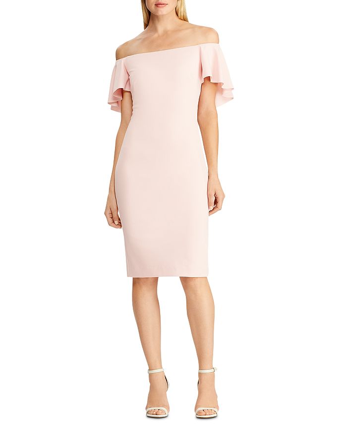 Ralph Lauren Lauren  Ruffled Off-the-shoulder Crepe Dress In Pink Macaron