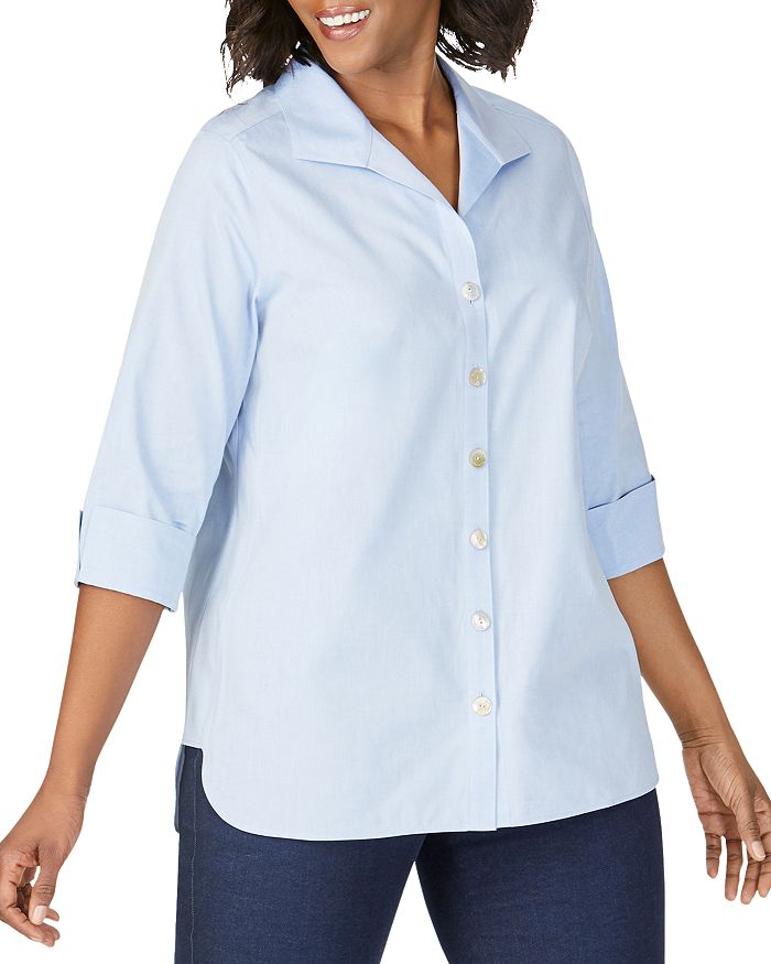 Foxcroft Plus Pandora Non-iron Cotton Tunic Shirt In Blue Wave