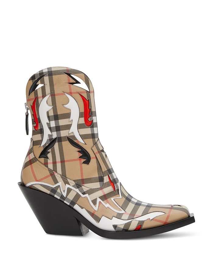 Burberry Topstitch Appliqué Vintage Check Cowboy Boots In Beige