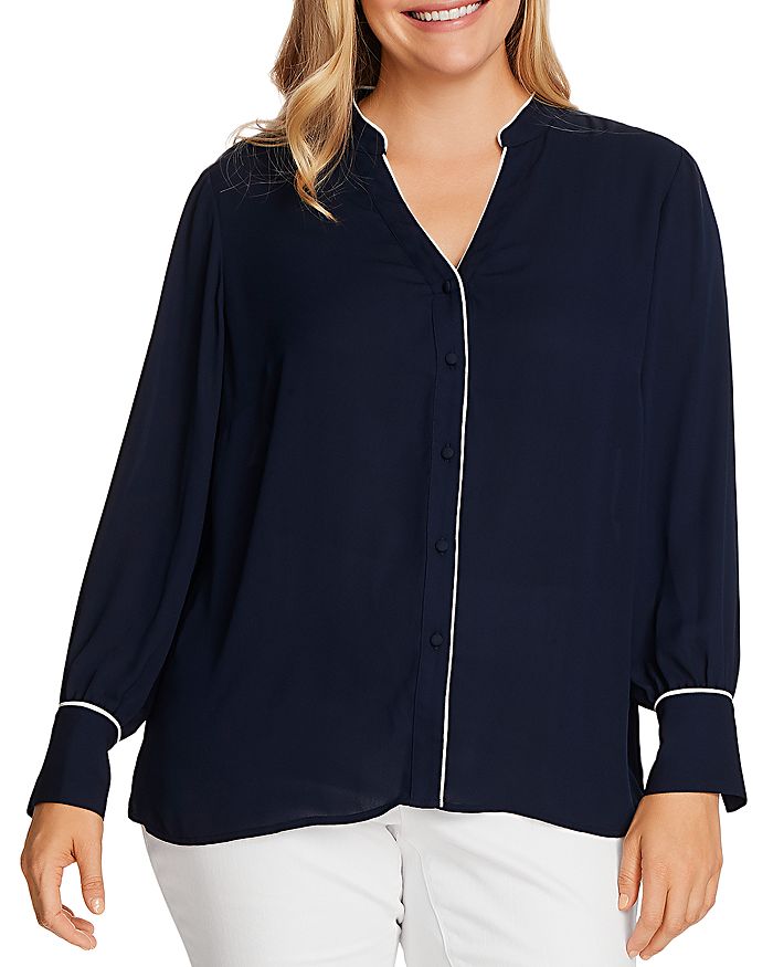 Vince Camuto Plus Button-down Shirt With Piped Trim In Caviar