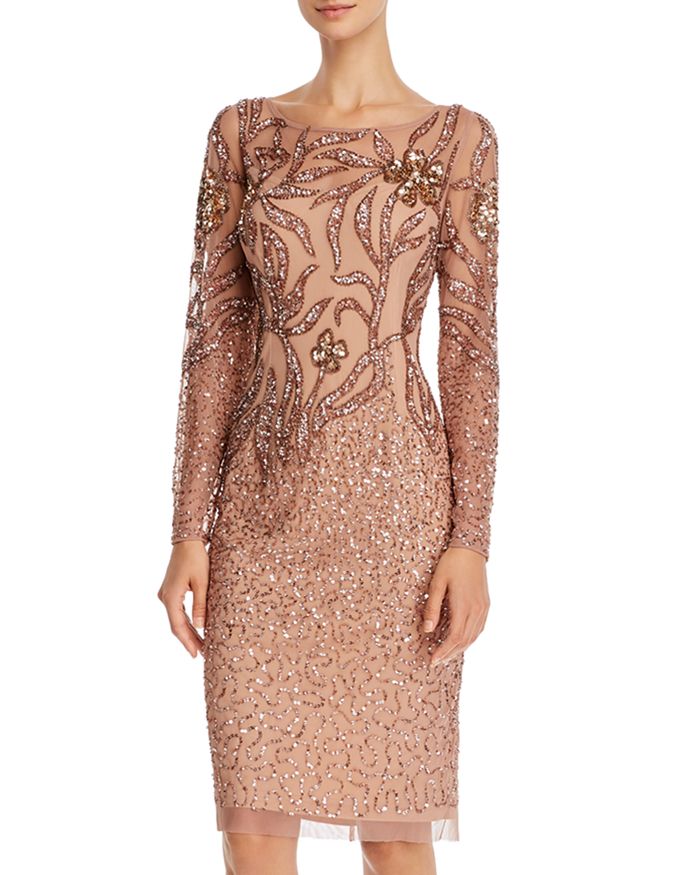 Adrianna Papell Embellished Cocktail Dress In Rose Gold