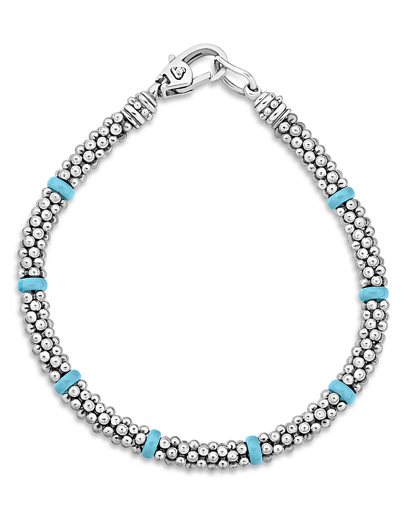 Lagos Sterling Silver Caviar Blue Ceramic Beaded Bracelet In Blue/silver