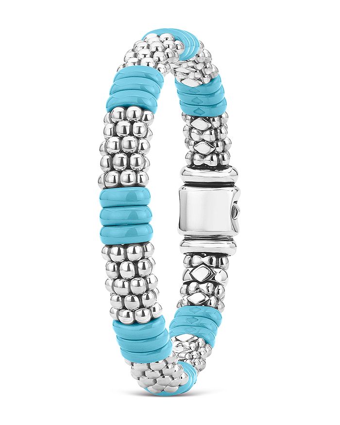 Shop Lagos Sterling Silver Caviar Blue Ceramic Signature Bracelet In Blue/silver