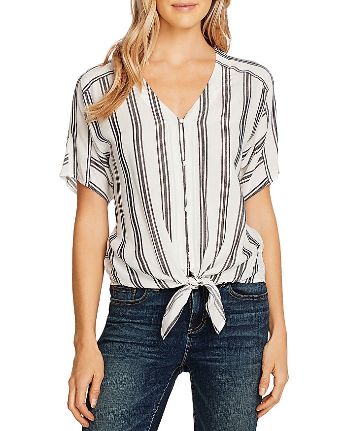 VINCE CAMUTO STRIPED TIE-FRONT BUTTON-DOWN TOP,9020006