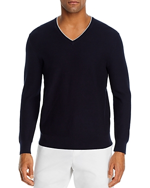 The Men's Store at Bloomingdale's Tipped Textured Birdseye V-Neck Sweater - 100% Exclusive
