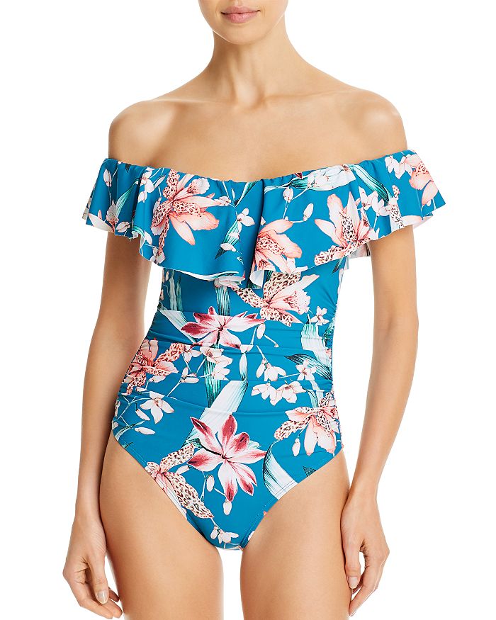 LA BLANCA PRINTED RUFFLED OFF-THE-SHOULDER ONE PIECE SWIMSUIT,LB0M011