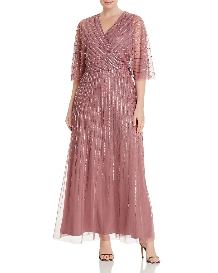 Adrianna Papell Plus Beaded Gown In Rose Mink