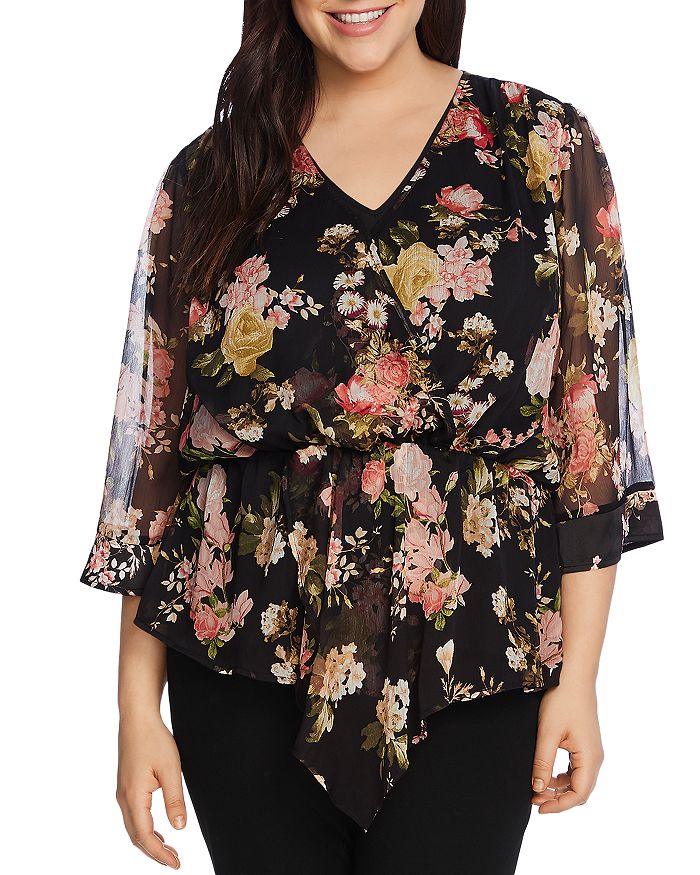 VINCE CAMUTO PLUS FLORAL THREE-QUARTER SLEEVE TOP,9220050