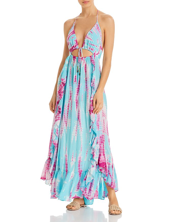Surf Gypsy Tie Dyed Cutout Halter Maxi Dress Swim Cover Up
