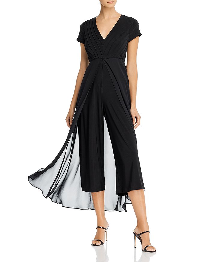 Adrianna Papell Pintucked Jumpsuit With Overlay In Black