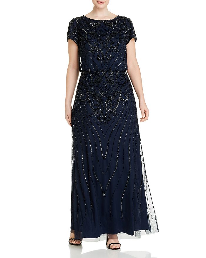Adrianna Papell Plus Beaded Short-sleeve Gown In Midnight/black