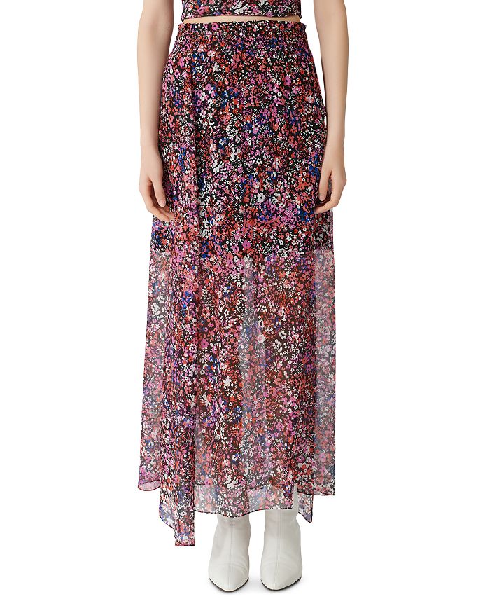 Maje Shirred Floral-print Silk-crepon Maxi Skirt In Black/pink