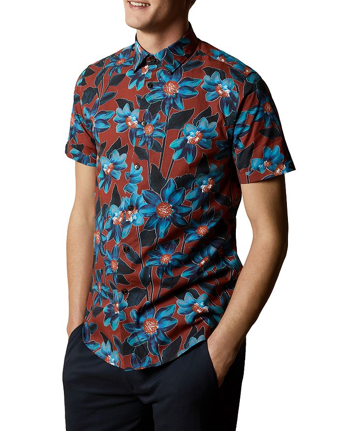 Ted Baker Floral Print Short Sleeve Slim Fit Button Down Shirt