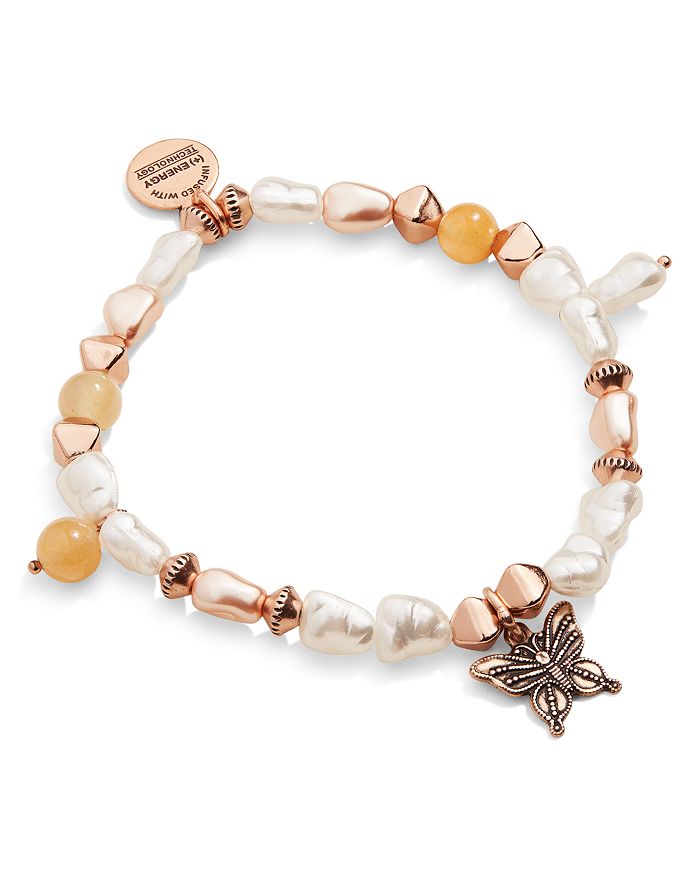 Alex And Ani Rose Gold-tone Butterfly Beaded Charm Stretch Bracelet In Rose Gold/multi