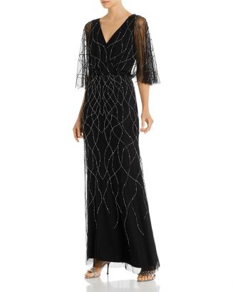 adrianna papell sequin beaded gown with flutter sleeves
