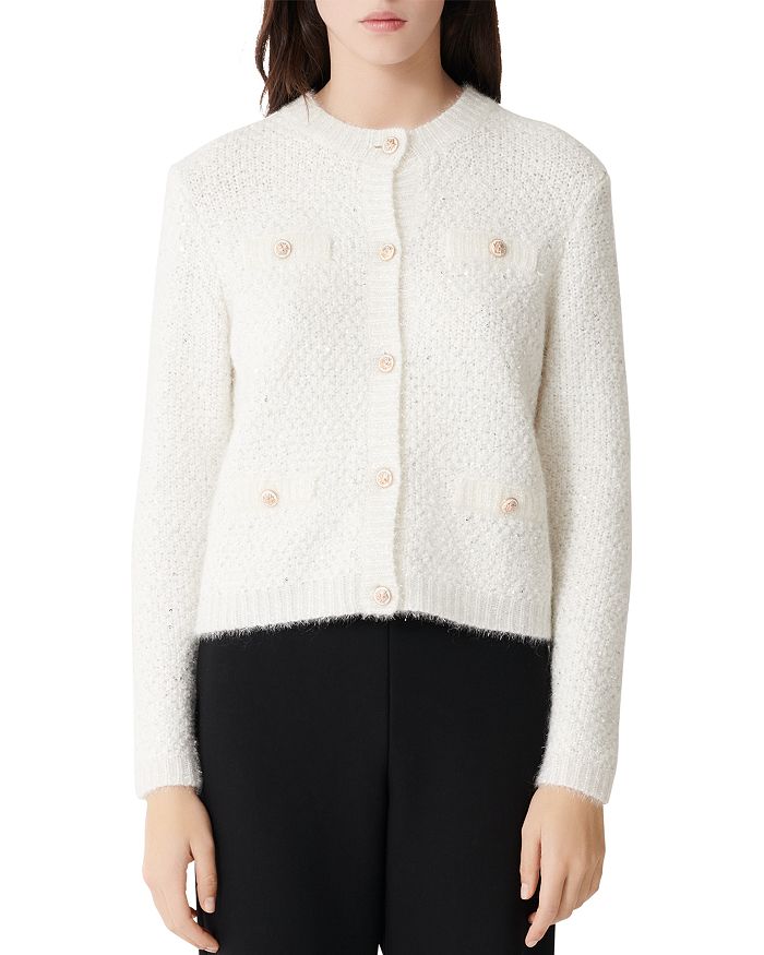 Maje Morning Lurex Sequined Cardigan In White | ModeSens