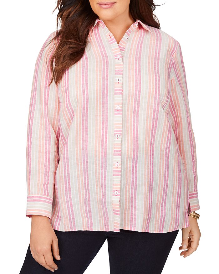 Foxcroft Plus Journey Easy Care Linen Coastal Striped Shirt In Cabana Pink