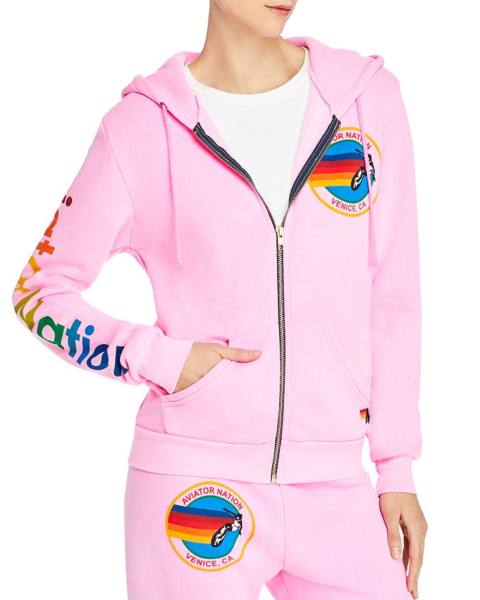 Aviator Nation Another Day In Paradise Graphic Hoodie Zip Up Jacket Neon Pink