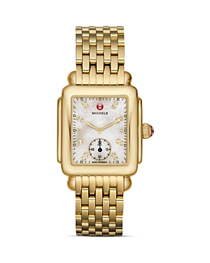 Michele Deco Mid Gold Diamond Dial Watch, 29 X 31mm In White/gold