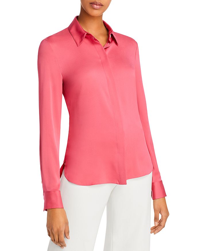 Theory Stretch Silk Classic Fitted Shirt In Watermelon