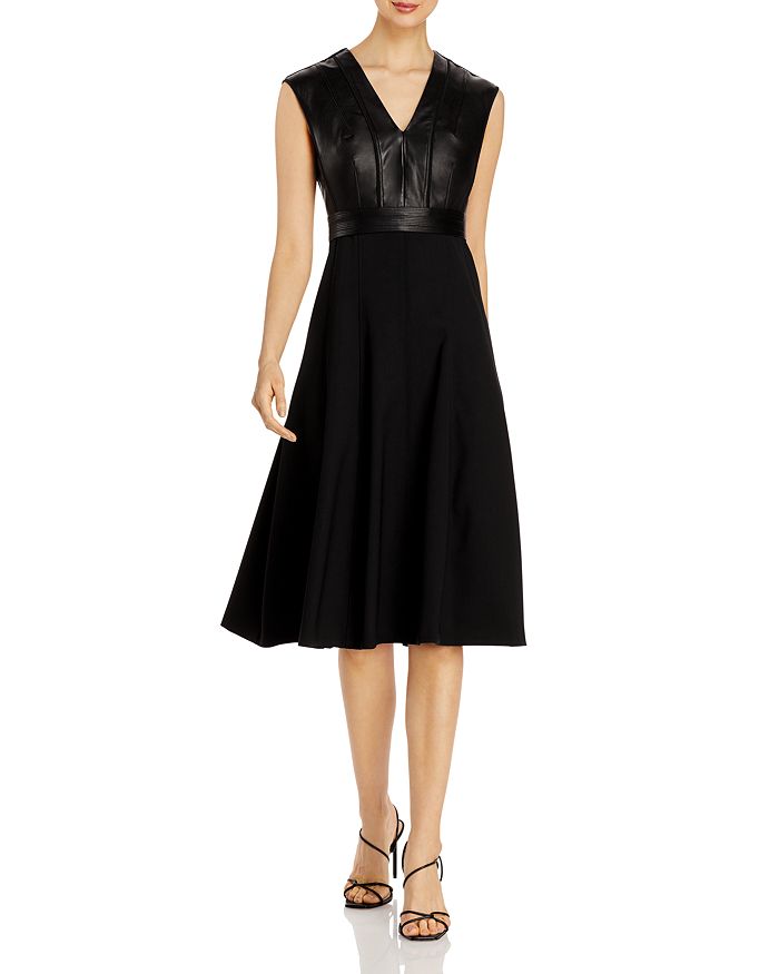 NARCISO RODRIGUEZ LEATHER TRIM FIT & FLARE DRESS,402045L H33