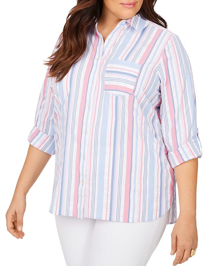 Foxcroft Plus Millie Seersucker Striped Moisture Wicking Shirt With Upf In Multi