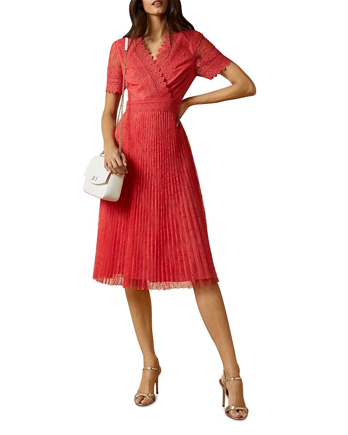TED BAKER SONYYIA FAUX-WRAP LACE MIDI DRESS,243925CORAL