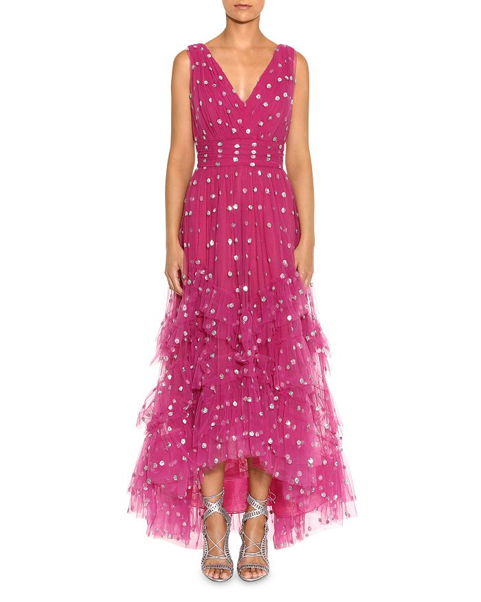 MARCHESA NOTTE SEQUINED-DOTS RUFFLED GOWN,N39M1936