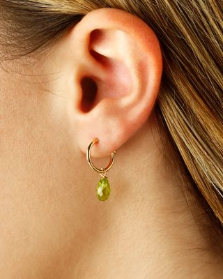 Peridot Briolette Dangle Mini Hoop Earrings in 14K Yellow Gold 