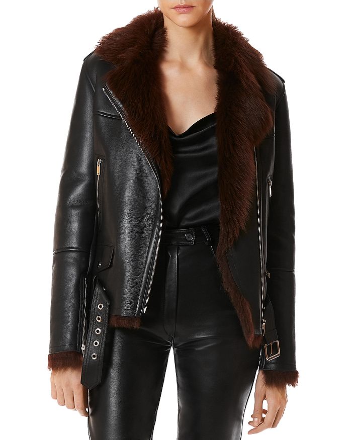 Nour Hammour Vivienne Shearling Collar Leather Jacket In Black/brown
