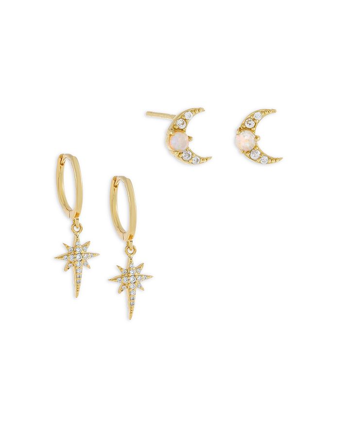 Adinas Jewels Adina's Jewels Cubic Zirconia & Opal Star & Moon Earrings, Set Of 2 In Gold