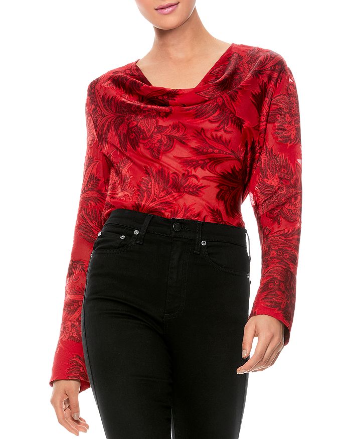 Alice And Olivia Alice + Olivia Anna Printed Cowl Neck Top In Ruby