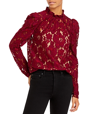 Wayf Erika Puff-sleeve Lace Top In Burgundy