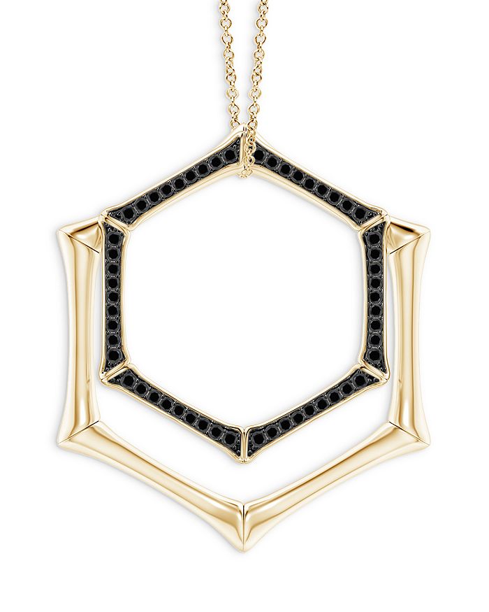 Natori 14k Yellow Gold Indochine Tiered Large Hexagon Gold & Pave Black Diamond Multi-wear Bamboo Pendant N