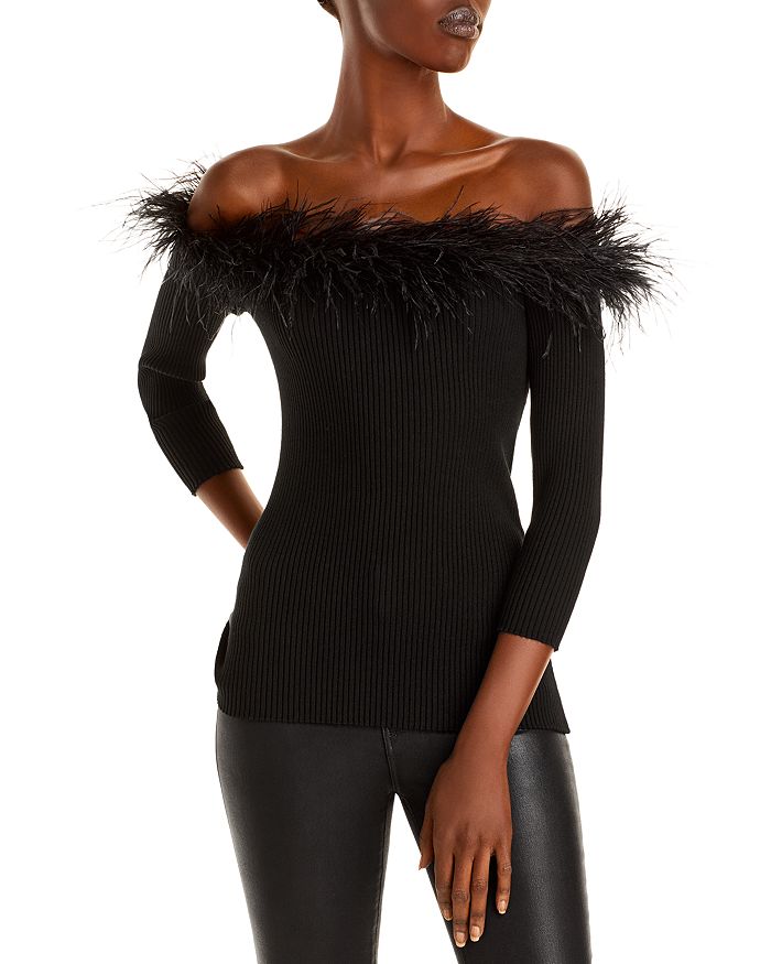 MILLY FEATHER TRIM OFF-THE-SHOULDER TOP,KIT003-Y0