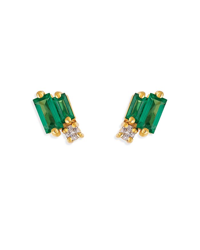 SUZANNE KALAN 18K Yellow Gold Emerald & Diamond Stud Earrings ...