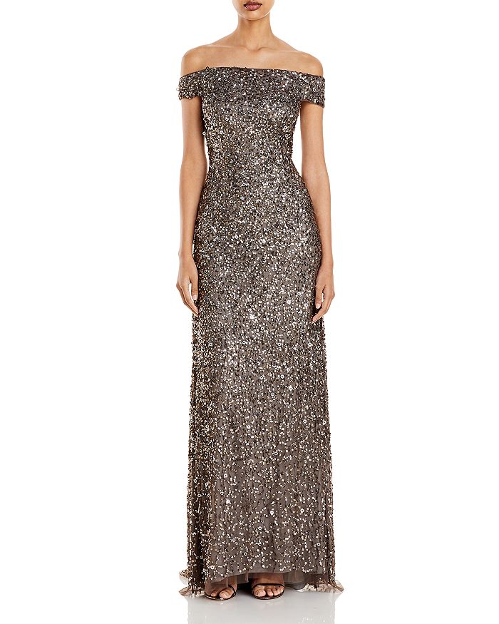Adrianna Papell Off-the-Shoulder Sequined Gown | Bloomingdale's