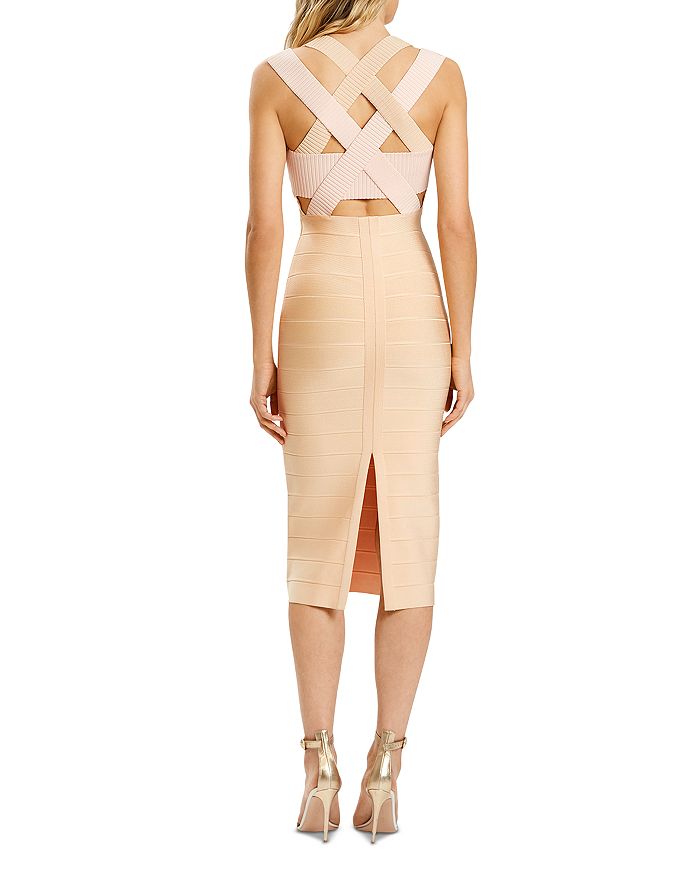 Herve Leger Crisscross Back Bandage Midi Dress In Dune