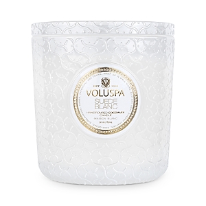 Shop Voluspa Suede Blanc Embossed Glass Triple Wick Luxe Candle 30 Oz. In White