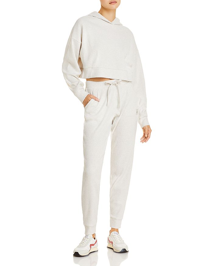 Alo Yoga Muse Ribbed-knit Cropped Hoodie In Bone Heath