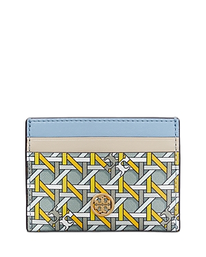 Tory Burch Robinson Printed Card Case In Blue Basketweave