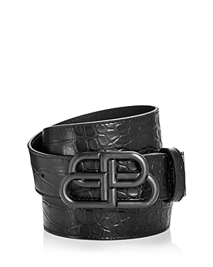 Balenciaga Men's Logo Buckle Croc Embossed Leather Belt