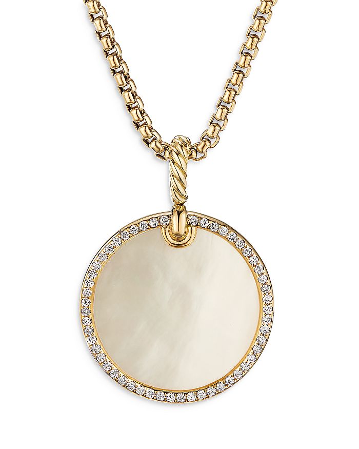 David Yurman Dy Elements Disc Pendant In 18k Yellow Gold With Mother-of-pearl & Pav Diamond Rim In Gold