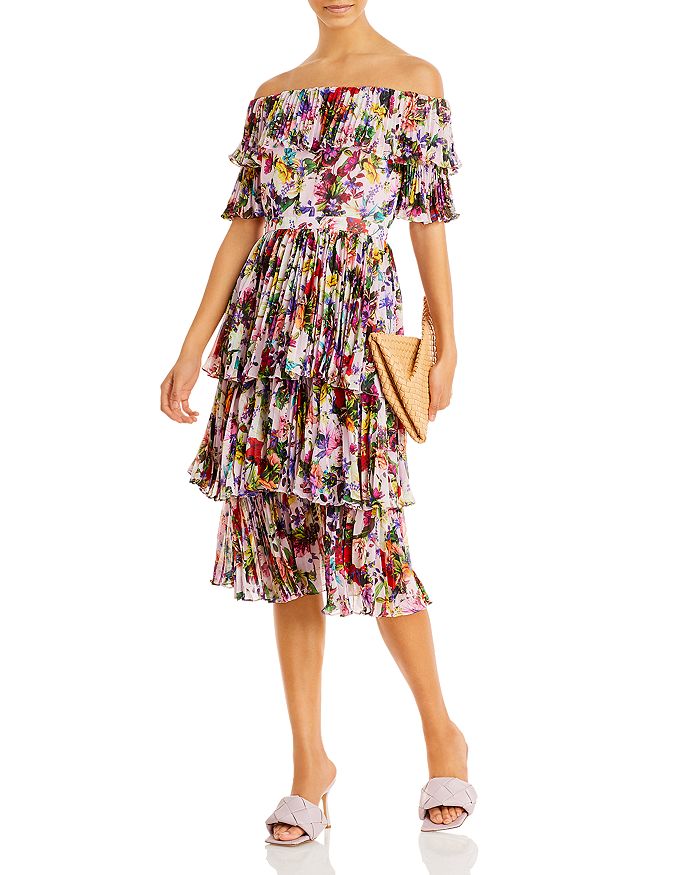 AQUA Floral Pleated Off The Shoulder Dress 100 Exclusive Bloomingdale s